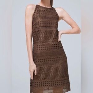 White House Black Market Size 0 Brown Metallic Lace Halter Dress Sheath Cocktail